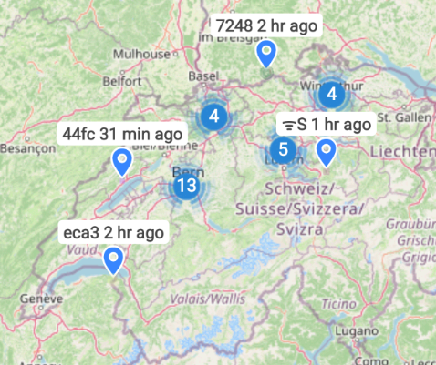 Meshtastic map of switzerland with nodes in different areas.